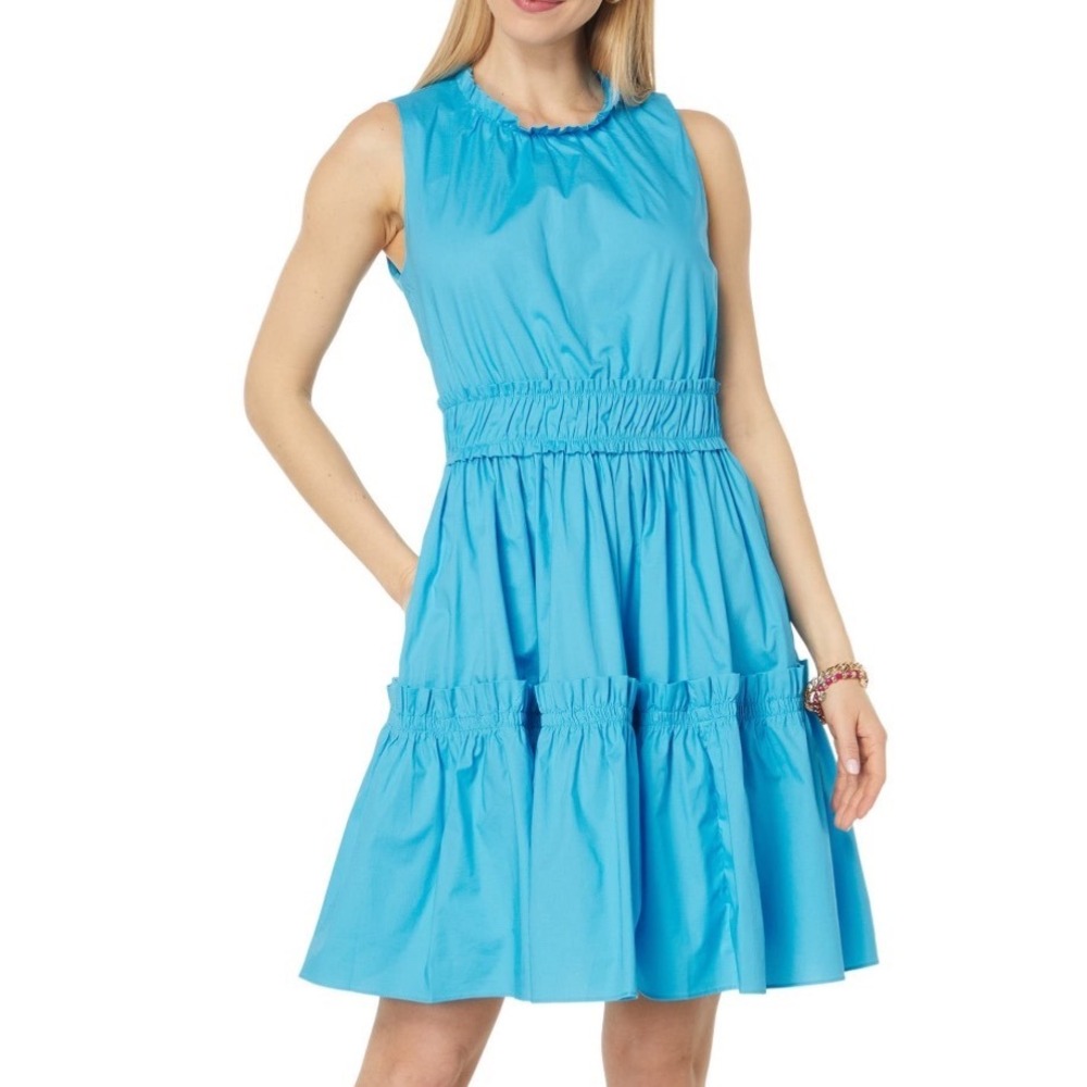 Lilly Pulitzer 14 Elina Stretch Cotton Dress Cumulus Blue Tiered Ruffle POCKETS